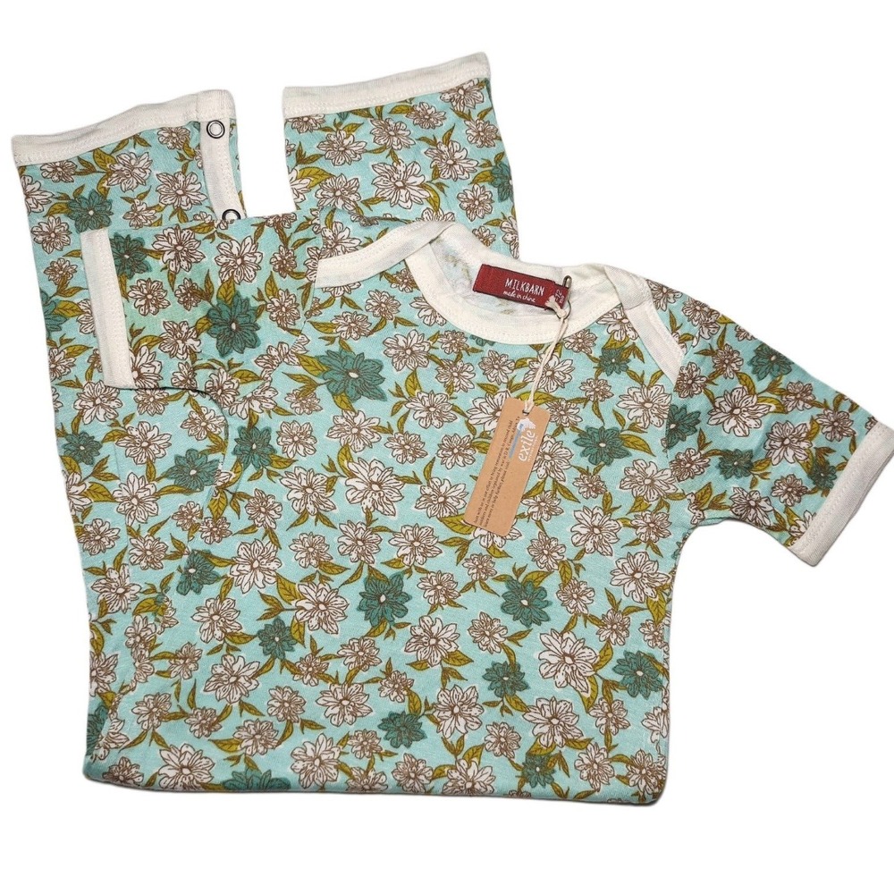 MilkBarn‎ Floral 3 6 Mos Longall Romper Outfit Rayon Bamboo Blue Short Sleeve